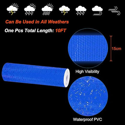 PATIKIL 6 Inch x 10 ft Reflective Tape, 1 Roll Waterproof Self Adhesive High Visibility Caution Warning Safety Tape Reflector with Scraper for Trucks Trailers Cars, Blue