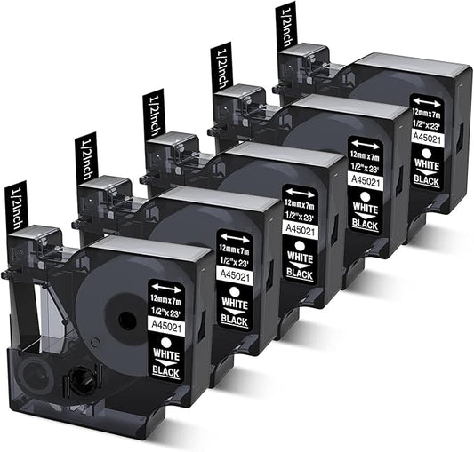 Freshworld 5-Pack Replacement for Dymo D1 Label Tape White on Black 45021 S0720610 Permanent Polyester Tapes,1/2 Inch(12mm) x 23Ft(7m),for Dymo LabelManager PnP 160 210D 260P 280 360D 420P Label Maker