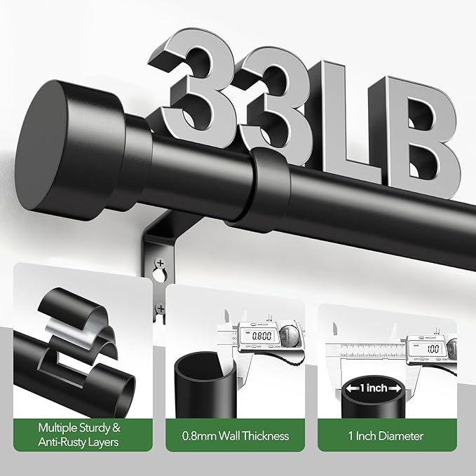 Time Forest Black Curtain Rods for Windows 32 to 120 Inch (2.6-10 Feet), 1 Inch Diameter Adjustable Heavy Duty Curtain Rod, Modern Style Indoor Outdoor Long Window Drapery Rods with End Caps