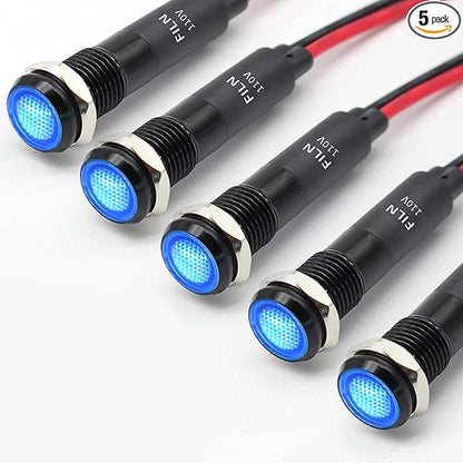 5Pcs 8MM (5/16'') Indicator Light 110v 120v Metal Pilot Lamp Lights Aluminum Black Anodized Waterproof ip67 Red Signal Lamp Light(110V-Black Anodized-Blue 5Pcs)