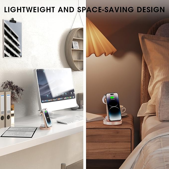 3 in 1 Charging Station for iPhone, Wireless Charger for iPhone 17 16e 16 15 14 13 12 11 X Pro Max & Apple Watch - Charging Stand Dock for AirPods (Rose)