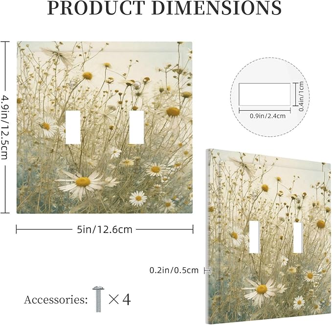 White Wildflowers Daisy Vintage Floral Decorative Switch Plates 2 Gang Double Toggle Outlet Light Switch Cover Wall Plate Electrical Faceplate for Bed Room Living Room Decor