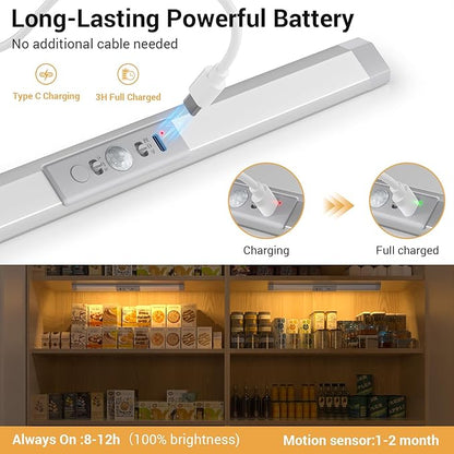 WOBANE Closet Lights Motion Sensored with Eye-Protection,Rechargeable LED Wardrobe Lighting with 3 Color,12 inch Dimmable Wireless Battery Operated Light Indoor for Stair,Pantry,Hallway,900mAh,3PCS