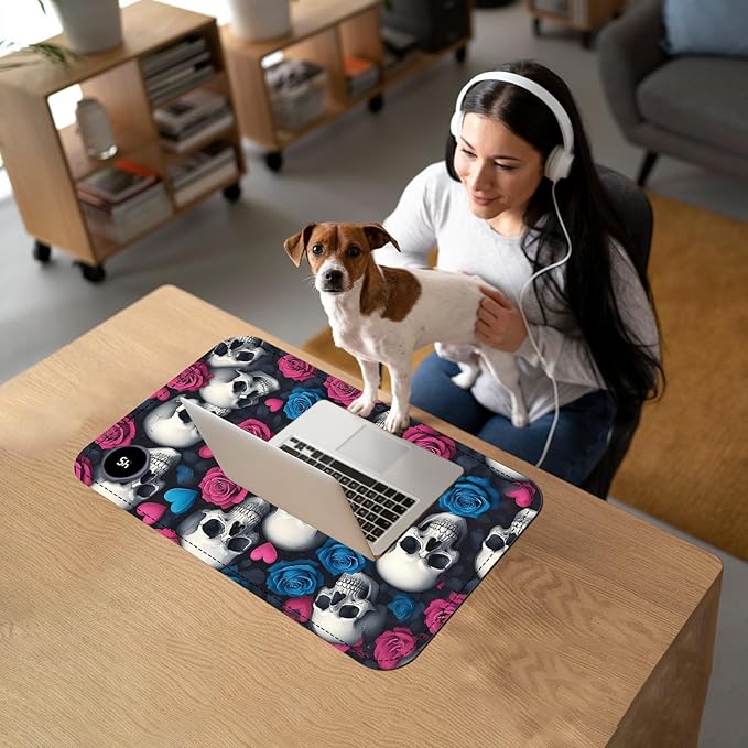 Heated Mouse Pad with 3 Temperature Settings(104°F–122°F),Large 24x14.2 Inch PU Leather Heated Desk Mat,Waterproof Warming Pad for Office,Gaming & Cold Hands Relief,Skeleton Skulls Flower