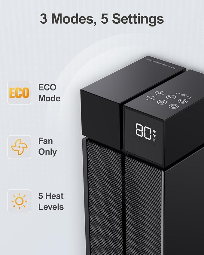 Space Heater Large Room, 25” Electric Room Heaters for Indoor Use with 120° Oscillation, 3 Heat Levels, 3 Modes, Multiple Safety Protections, 12H Timer, Black Ceramic Tower Heater for Bedroom