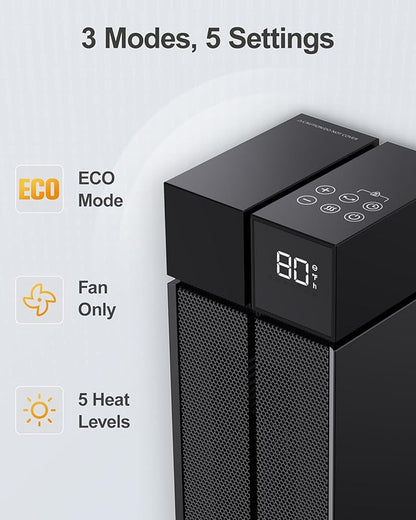 Space Heater Large Room, 25” Electric Room Heaters for Indoor Use with 120° Oscillation, 3 Heat Levels, 3 Modes, Multiple Safety Protections, 12H Timer, Black Ceramic Tower Heater for Bedroom