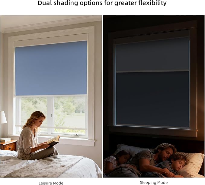 ZSTARR Motorized Day and Night Dual Smart Blind for Window with Valance Rechargeable Motor,Blackout Roller Shade Custom Size,with Valance Suitable for Home,Office (Full Blackout Dark Blue)
