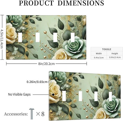 Decorative Light Switch Cover Plate Rustic Green Floral Leaves Teal Flowers Gold Stripe 4 Gang Wall Plate Oversized Quad Toggle Switch Cover Plate Jumbo Faceplate