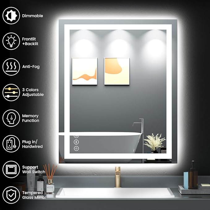 30X36 LED Bathroom Mirror with Lights, Anti-Fog, Backlit + Front Lit, Lighted Bathroom Vanity Mirror for Wall, Memory Function, Dimmable, Tempered Glass, Shatter-Proof