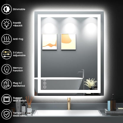 30X36 LED Bathroom Mirror with Lights, Anti-Fog, Backlit + Front Lit, Lighted Bathroom Vanity Mirror for Wall, Memory Function, Dimmable, Tempered Glass, Shatter-Proof