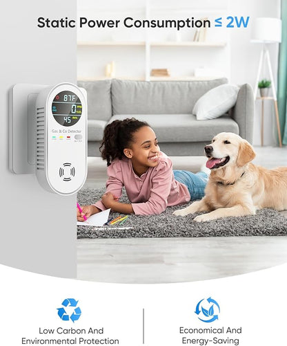Carbon Monoxide Detectors & Natural Gas Detector, 4-in-1 Carbon Monoxide Detectors Plug in, Gas Leak Detector with Dual Alarms, Temperature & Humidity Sensor for Home, RV Essentials, White, 1 Pack