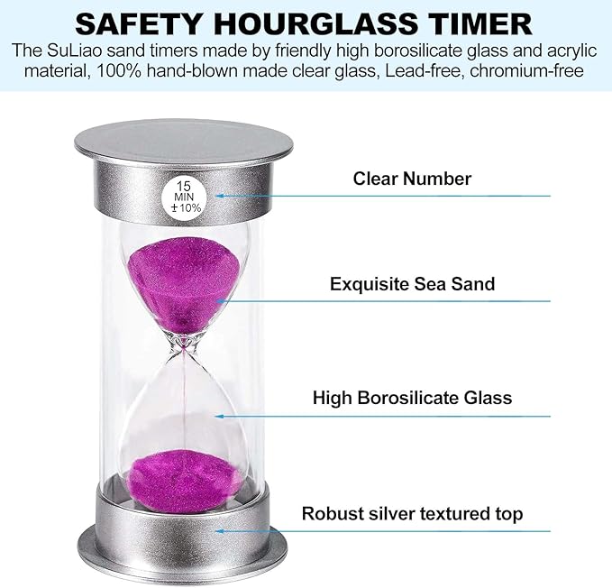 SuLiao Sand Timer, 15 Min Hourglass, Large Purple Sand Clock, Unbreakable Plastic for Kids, Games, Classroom, Kitchen, Decoration