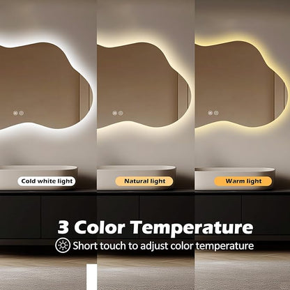 LED Bathroom Mirror with Lights 22x36, Stepless Dimmable Irregular Backlit Mirror with 3 Colors, Anti-Fog, Memory, Al-Alloy Lampshade, Frameless Smart Mirror for Bathroom (Horizontal/Vertical)