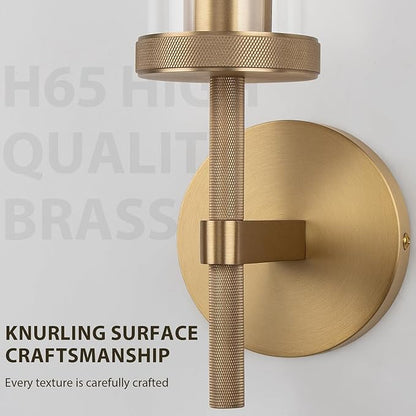 19.5" Knurled Brass Wall Sconce with Clear Glass Tube, Gold Bathroom Vanity Light Fixtures, Modern Lamp Lighting for Bedroom, Living Room, Hallway, Staircase, Mirror, Kitchen
