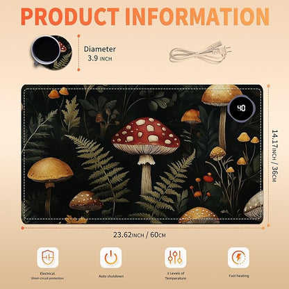 Heated Mouse Pad 23.6 x 14 in 3-Temp Fast Heating Desk Mat with Auto Timer Warmer for Hands Wrist Pain Relief Waterproof Keyboard Mat for Office, Gaming, Home, Mushroom Forest