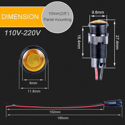 5pcs 10mm LED Indicator Light Plastic Black Signal Dot Lamp 110-220VAC 2/5" Mounting Hole Size with 15cm/5.9in. Wire (Yellow LED)