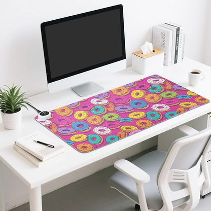 Heated Desk Pad Mouse Pad 31.5x13 Inch PU Leather Desk Mat with 3 Heat Levels Large Mouse Gaming Computer Laptop Mat Cute Donuts Colorful