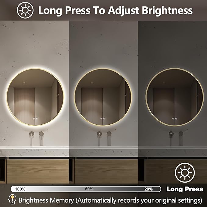 Niccy Round Led Mirror for Bathroom, 24" Backlit Mirrors for Wall Circle Lighted Mirror with Old Gold Frame Anti-Fog, 3 Colors, HD Glass and IP65 Waterproof