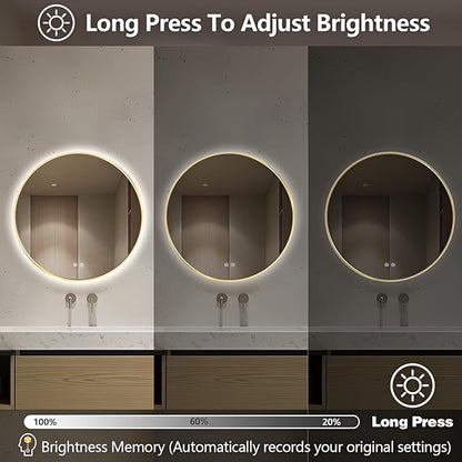 Niccy Round Led Mirror for Bathroom, 24" Backlit Mirrors for Wall Circle Lighted Mirror with Old Gold Frame Anti-Fog, 3 Colors, HD Glass and IP65 Waterproof
