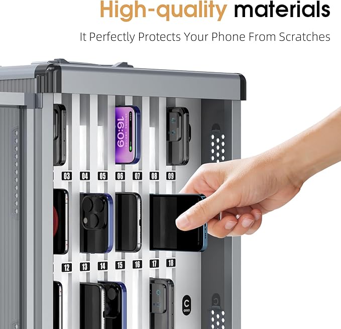 Glosen 36 Slots Cell Phone Locker, Portable Phone Storage Cabinet [Wall Mounted] [Aluminum Alloy] Cellphone Lock Box with Key & Handle for School Classroom Office Exam (Black)