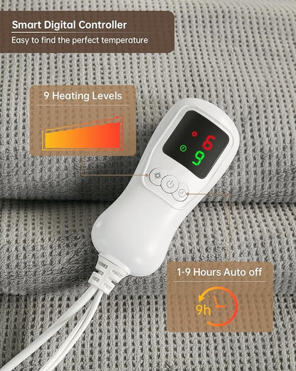 Electric Heated Blanket Queen Size, Washable Blanket Warmer with Dual Control for Home for Adults, Super Cozy Soft Fabric, 84" x 90", 9 Heat Levels, 1-9H Auto-Off, ETL Certified, Gray
