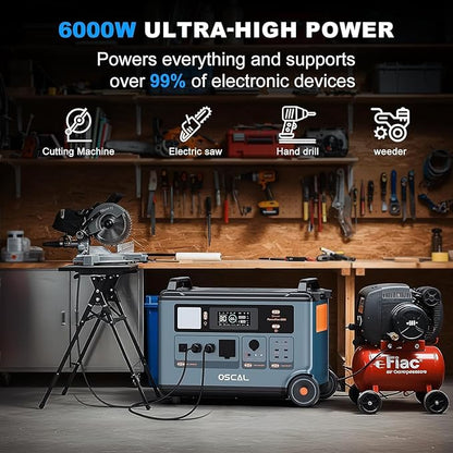 OSCAL PowerMax 6000 Solar Generator with 4x200W Solar Panel, 120V/240V Split Phase Voltage 6000W AC Outlets (9000W Peak), 2200W AC Charging/2400W PV Charging for Home, Emergency, Bank Battery Backup