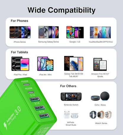 [2-Pack] USB C Wall Charger, 60W Fast USB C Charger Block, 5-Port PD Power Adapter + QC Wall Plug Multiport Type C Charging Block Cube Compatible with iPhone 17 16 15 14 13 12 Pro Max XR XS, Green