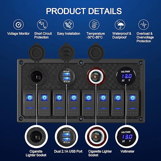 Marine Boat Rocker Switch Panel,Waterproof 8 Gang Toggle Switch Panel with Dual USB and Voltmeter Panel for RVs, Cars, Boats, Trucks,Trailers - 12-24V