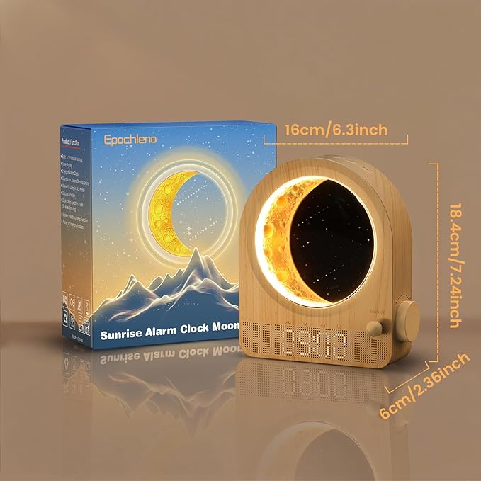 Sunrise Alarm Clock, White Noise Machine & Meteor Moonlight - 10 Soothing Sounds, Dual Alarms, 30/60/90min Timer, Easy Snooze - Bedroom Gift for Insomnia Adults/Women - Wood Grain