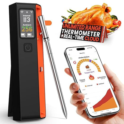 Wireless Bluetooth Smart Meat Thermometer: ±0.5°F Accuracy, 1 Probe with 6 Sensors - WiFi Digital Thermometer with LED Base, NIST Certified Accuracy, Long-Range for BBQ, Grill, Smoker, Oven