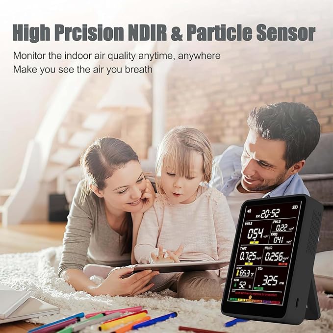 Professional Indoor Air Quality Monitor with AQI Beep Alarms, Portable Real-Time Detector for Home Cars Plants and Pets (Black)