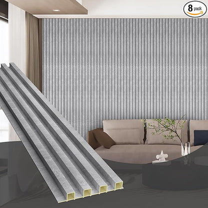 OUZUGIE WPC Acoustic Slat Wall Paneling, 8-Pack 96 x 6 Inches 3D Wall Panels for Interior Wall Decor,Living Room,TV Background,Study Room,Office Spaces,Bedroom,High Grille (Gray Marble)