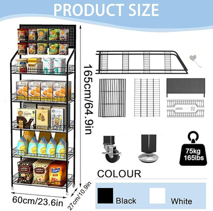 5-Tier Retail Display Rack, Metal Snack Display Stand with Wheels and Hooks, Multi-Functional Shelf, Easy to Assemble, Suitable Storage Rack for Home, Supermarket, Drugstore (5-Tier, White)