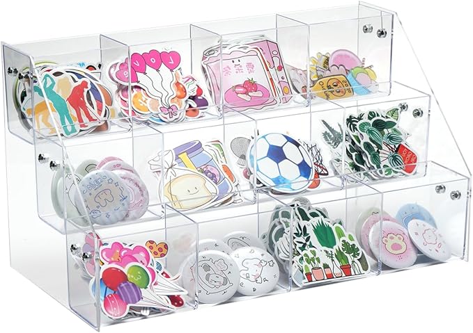 UCEC Clear Acrylic Sticker Display Stand, 3-Tier 12 Pockets Acrylic Card Display & Sticker Organizer, Essential Portable Organizer for On-the-Go Professionals, Tradeshows, Retail, and Supplier Events