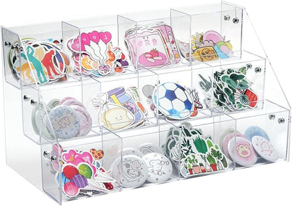 UCEC Clear Acrylic Sticker Display Stand, 3-Tier 12 Pockets Acrylic Card Display & Sticker Organizer, Essential Portable Organizer for On-the-Go Professionals, Tradeshows, Retail, and Supplier Events