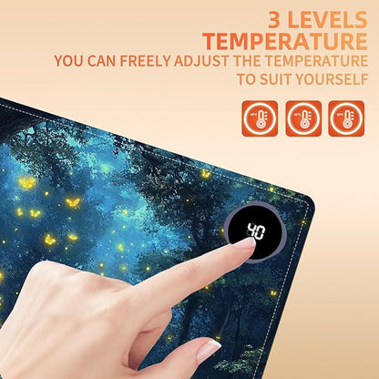 Heated Mouse Pad 23.6 x 14 in 3-Temp Fast Heating Desk Mat with Auto Timer Warmer for Hands Wrist Pain Relief Waterproof Keyboard Mat for Office, Gaming, Home, Enchanted Forest Glow