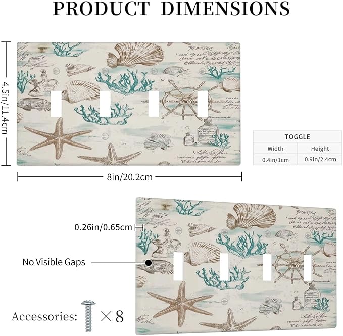 Mid Century Seashells Starfish Compass Light Switch Covers Quad Toggle Electrical Faceplate 4 Gang Wall Plate Decorative Switch Plates For Nursery Kids Room Decor
