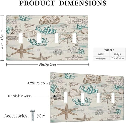 Mid Century Seashells Starfish Compass Light Switch Covers Quad Toggle Electrical Faceplate 4 Gang Wall Plate Decorative Switch Plates For Nursery Kids Room Decor