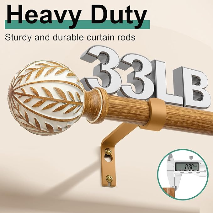 Boho Wood Curtain Rods for Windows 48 to 84 inch,1" Adjustable Heavy Duty Window Curtain Rod with Imitation Wood Grain Finials,Rustic Decorative Drapery Rods Set,Size:36-88'',Maple Wood