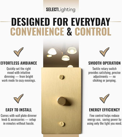 1-Gang Satin Solid Brass Rotary Dimmer Switch, 15A 120V AC Wall Mount, TRIAC/Leading Edge 1-Way Compatible, Dimmable LED Light Control with Knob, Faceplate & Dimming Module