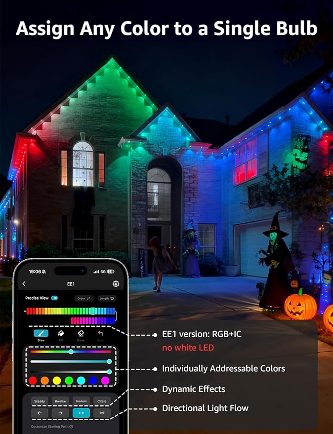 Lepro EE1 AI Permanent Outdoor Lights with Dual-Output, 200ft 120 LED RGB+IC Smart Outside Light for House Christmas Decor,Alexa Google Enabled 2.4 GHz WiFi/Bluetooth, APP Control No Remote Controller