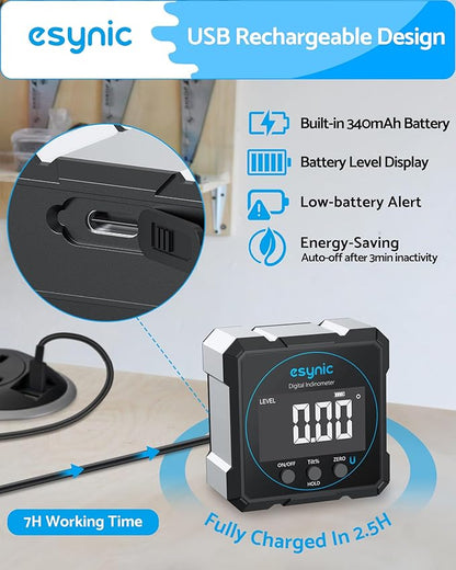 eSynic Digital Level Box - 4-Side Magnetic Digital Angle Gauge with 0.05° High Precision & Large LCD Display- Rechargeable IP54 Waterproof Inclinometer, Aluminum Frame for Woodworking/Construction