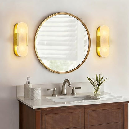 Brass Alabaster Wall Sconces Set of Two, Modern Natural Marble Wall Sconces for Indoor Lighting, 13.8 in Gold Wall Lights for Bathroom Dining Room Stairs Bedroom