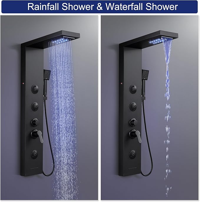 ROVATE LED Shower Panel Tower System with Rainfall Waterfall Shower, Matte Black Shower Panel with Jets and Rainfall and Handheld, 5 in 1 Stainless Steel Shower Tower High Pressure with Tub Spout