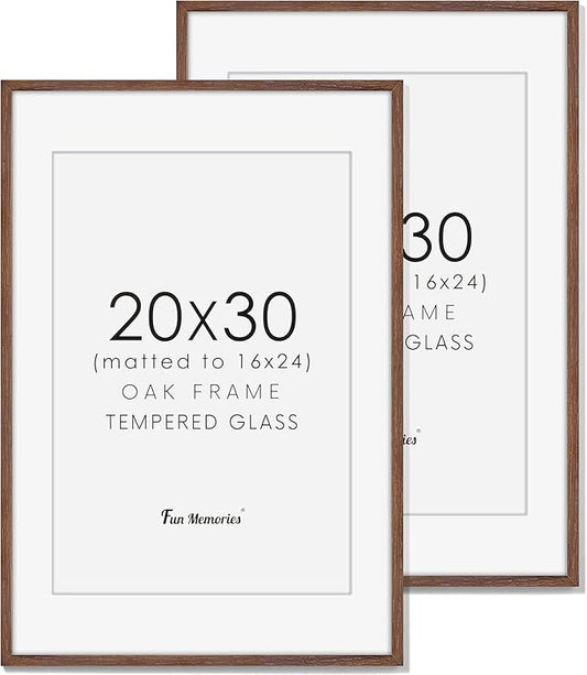 Fun Memories 20x30 Picture Frame 2 Packs, Solid Oak Wood Frames 20 x 30 for Home Decor, Large 20"x30" Poster Frame with Tempered Glass, 20x30 Frames Matted to 16x24, Walnut Color