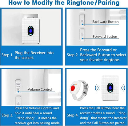 Daytech Wireless Caregiver Pager Wrist Call Button Personal Help Alert Pager System for Home Nurses Caregivers Patients Elderly 2 Alert Watches + 1 Receiver