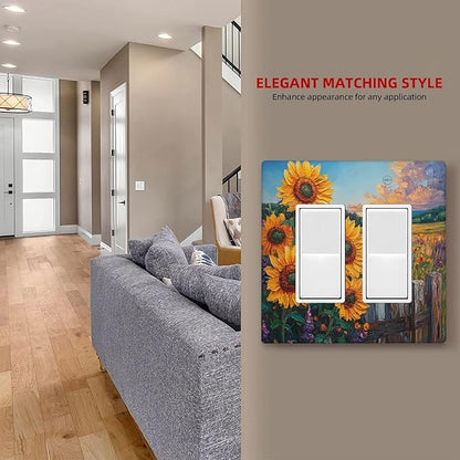 Decorative Outlet Covers Rustic Wilderness Sunflower Lavender Muzha Oil Painting 2 Gang Wall Plate Double Rocker Two Switch Wall Cover Plate Jumbo Dual GFCI Faceplate