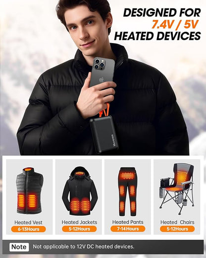 7.4V 20000mAh Heated Vest Battery Pack Compatible with ORORO, with Venustas, Rechargeable Outdoor Power Bank with Built-in USB-C Cable, DC/USB Ports for Heated Vests, Jackets, and Pants