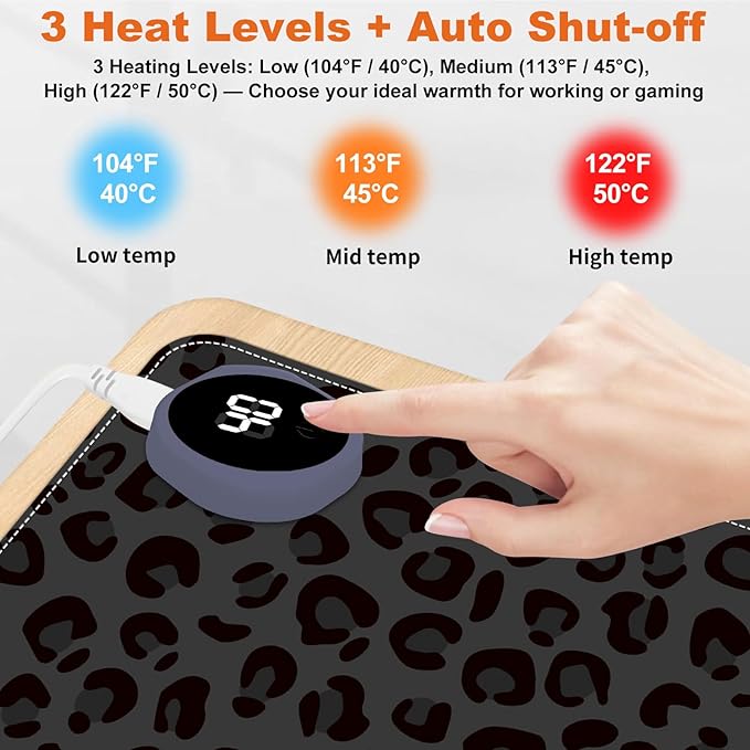 Heated Mouse Pad for Desk 31.5" x 13" – PU Leather Warm Desk Pad with 3 Heat Levels (104°F/113°F/122°F), Plug-in Electric Heating Mat with Auto Shut-Off, Waterproof & Rollable, Dark Leopard Print