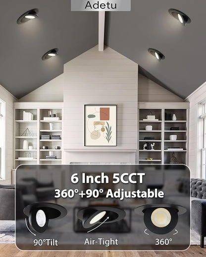 Adetu Led Recessed Lighting 6 inch, 360°+90° Adjustable Directional Gimbal 6 inch Led Recessed Light, 2700K-5000K 5CCT Dimmable Retrofit Eyeball Can Recessed Lights with Jbox, ET (Black,6 Pack)